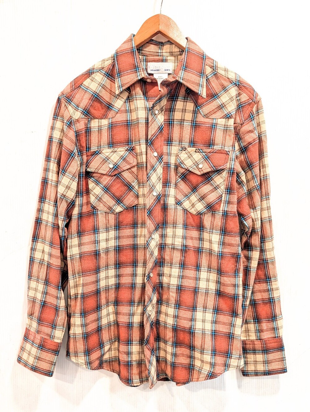 WRANGLER Men's Orange & Cream Plaid Western Button-Down Shirt Size Medium